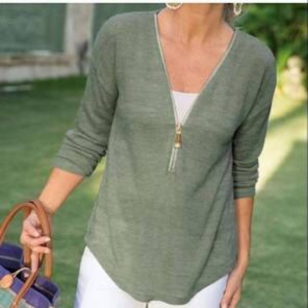 Soft Surroundings Light Green Valentina Zipper Front Lightweight Sweater XS